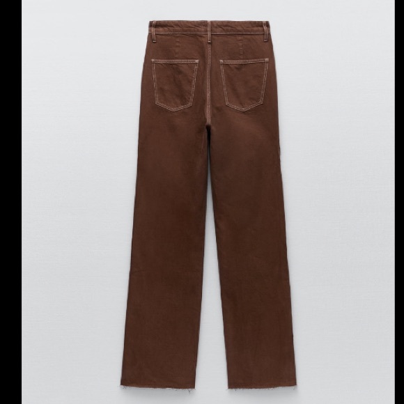 NWT ZARA WIDE LEG FULL LENGTH BROWN WAVY CURVY SIDE JEANS - Picture 9 of 10